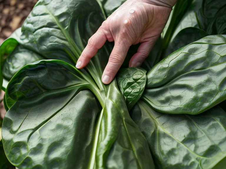 Main récoltant une feuille d'épinard Monstrueux de Viroflay bien charnue et craquante