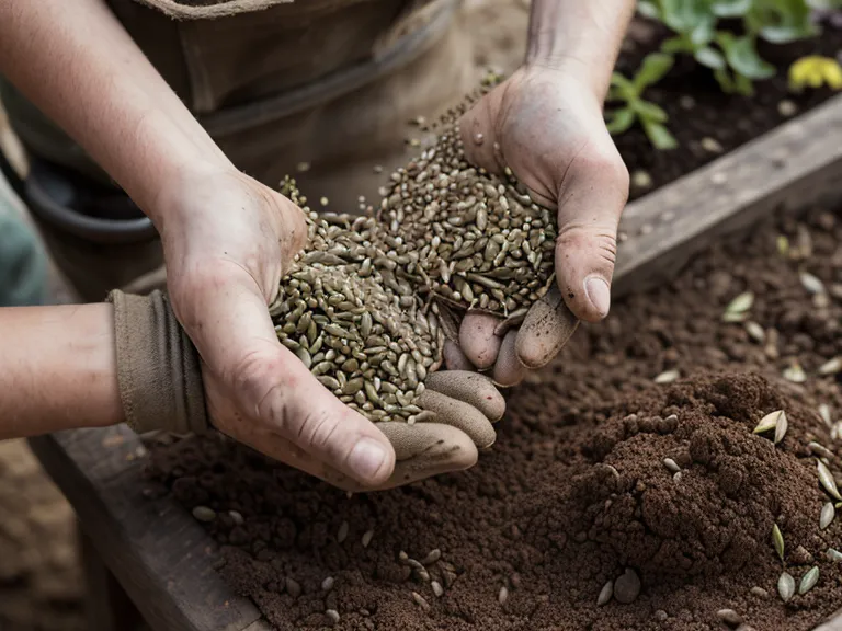 Mains de jardinier tenant un sachet de graines de légumes sur une table en bois, potager productif