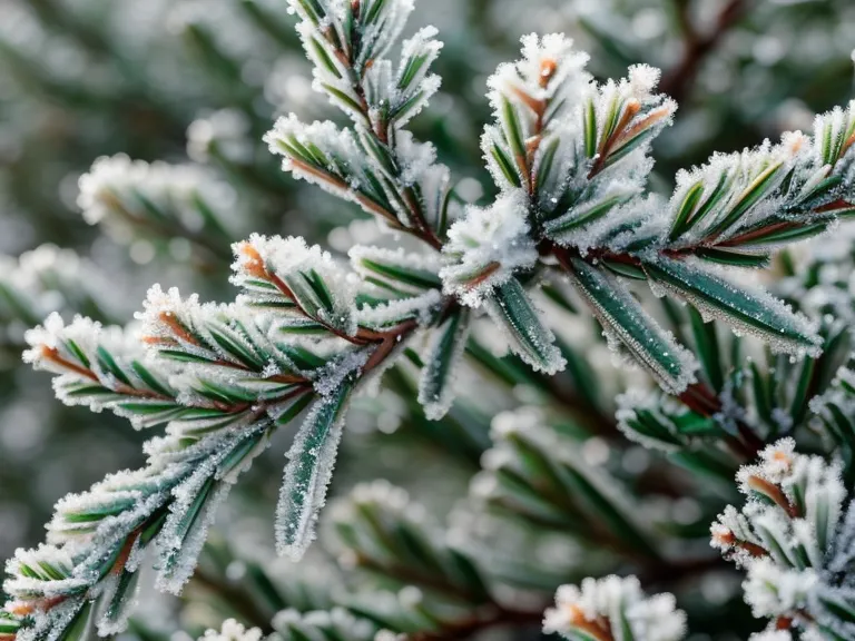 Givre matinal sur une branche de conifère au jardin en hiver, patience au fil des saisons