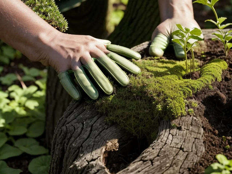 Main brossant la mousse à la base d'un tronc, un geste lent au jardin