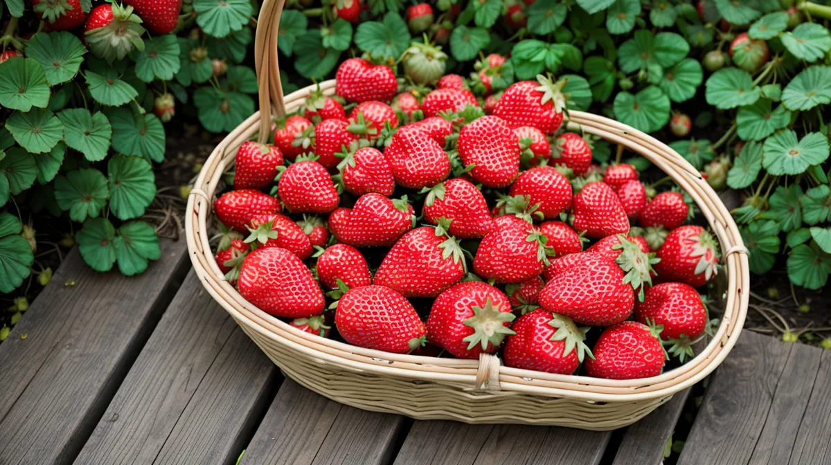 récolte abondante de fraises dans un potager bio, rang de fraisiers chargés de fruits mûrs