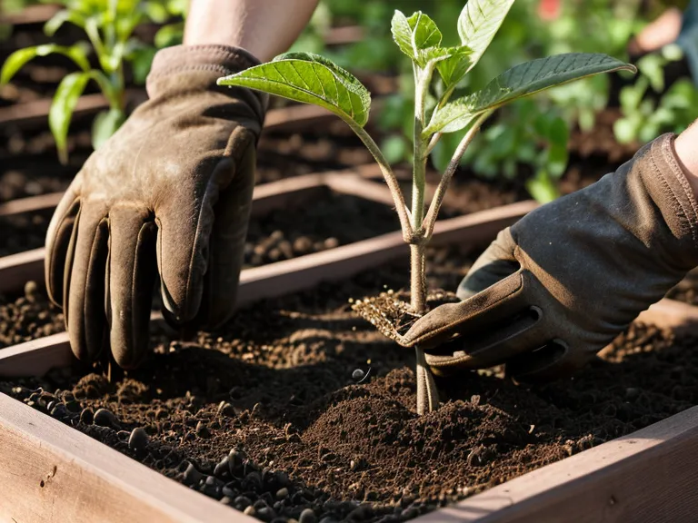 Mains d'un jardinier repiquant un plant de poivron dans une terre riche et chaude.