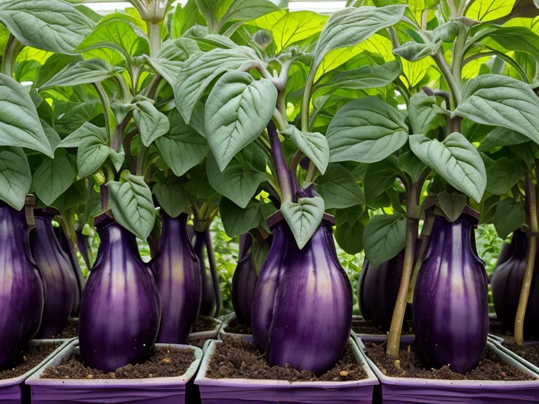 L'intérieur d'une petite serre de jardin avec des plants d'aubergines sous le soleil.