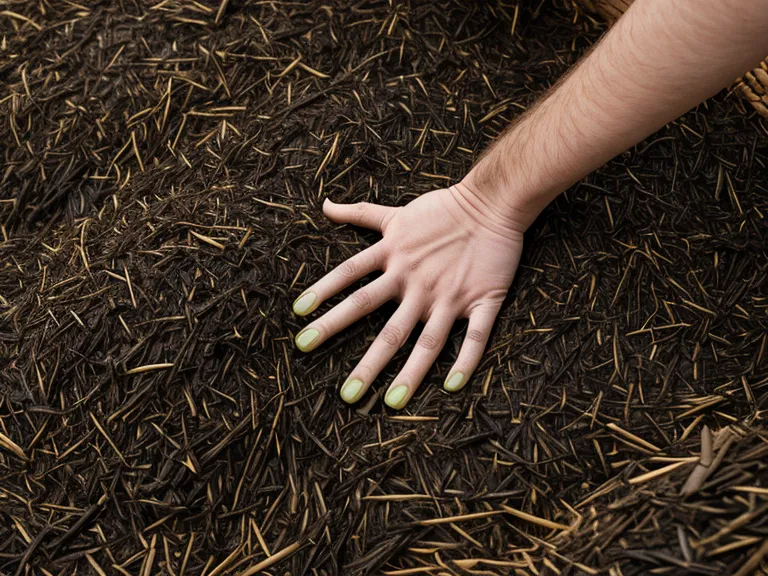 Mains d'un jardinier étalant du paillis de paille au pied d'un plant d'aubergine.