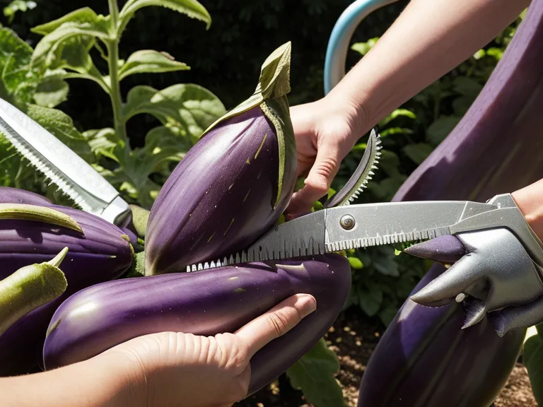 Sécateur coupant la tige d'une aubergine mûre et brillante lors de la récolte.