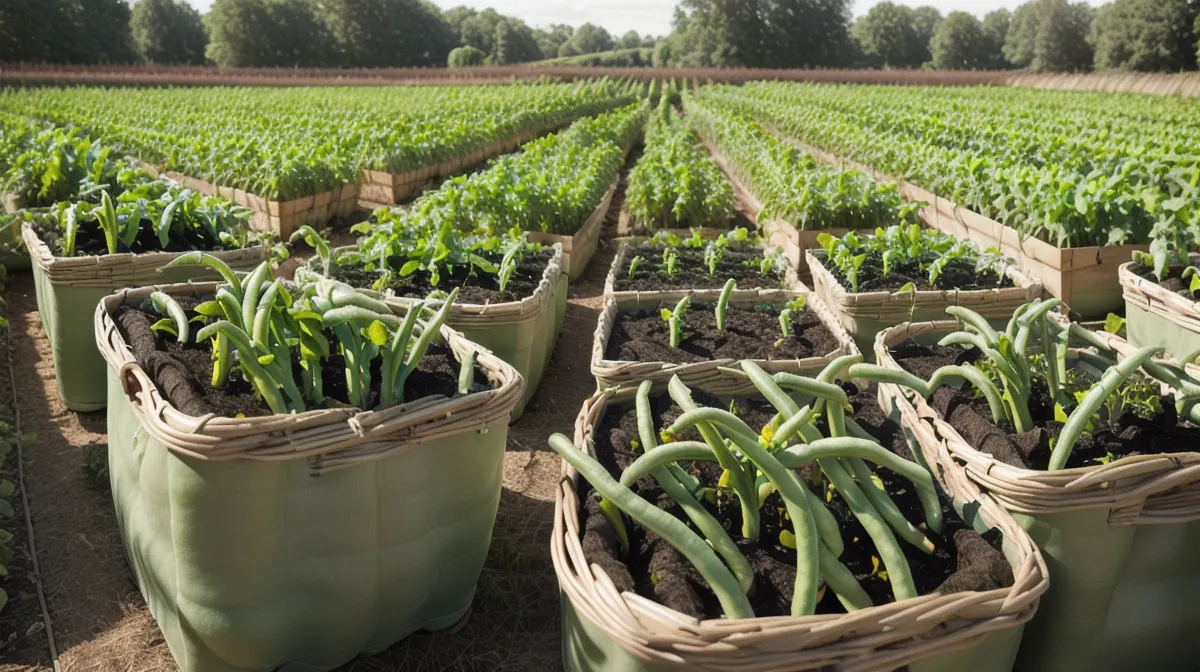 Rangs de haricots verts chargés de gousses dans un potager généreux en plein été