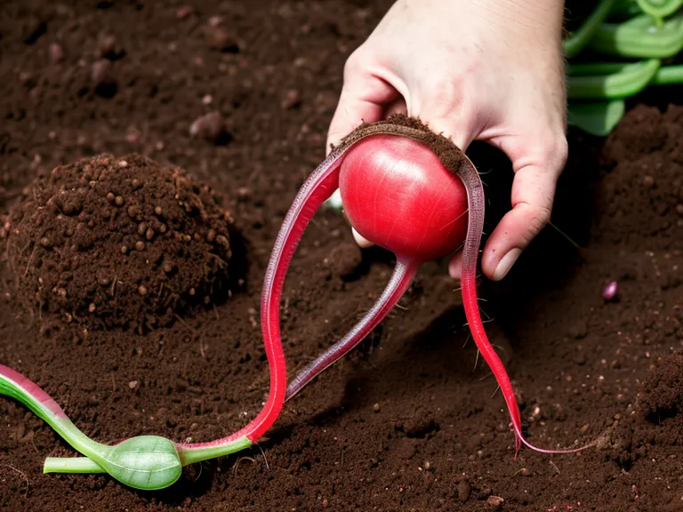 Récolte maison d'un radis rouge vif tiré d'une terre noire et humide, geste typique d'un potager débutant