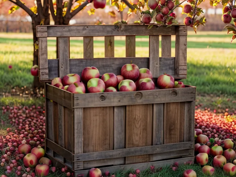 récolte de pommes rouges dans une caisse en bois au pied d'un arbre