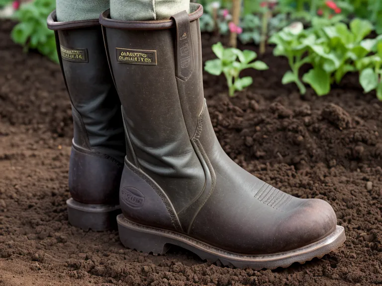Gros plan sur des bottes dans une terre de jardin fraîchement retournée.
