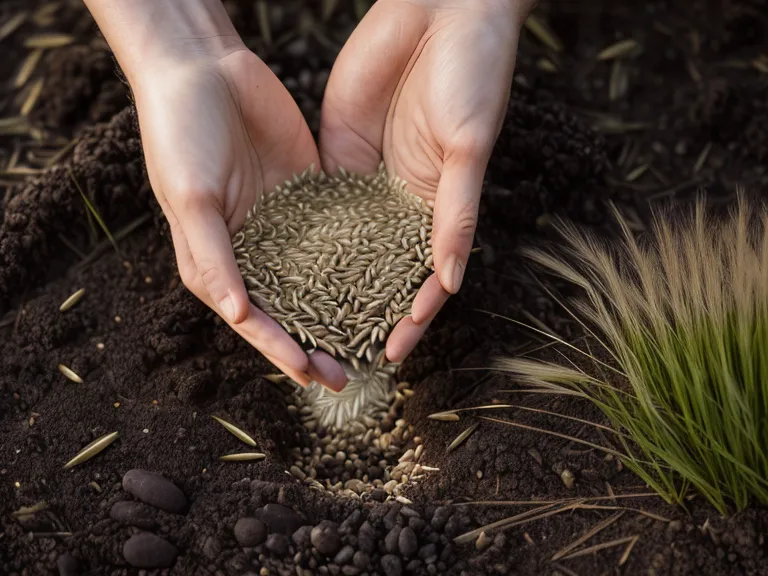 Main d'un jardinier semant des graines de gazon sur une terre préparée.