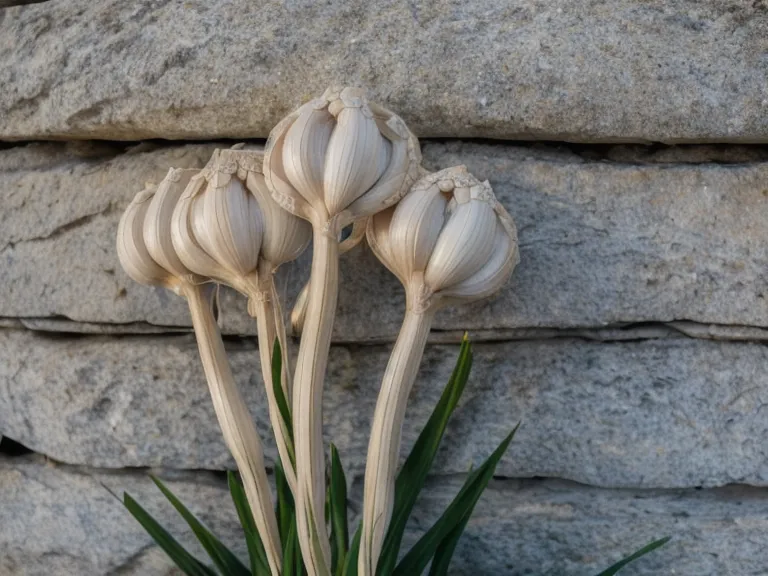 Une tresse d'ail blanc séchant contre un mur en pierre au soleil.