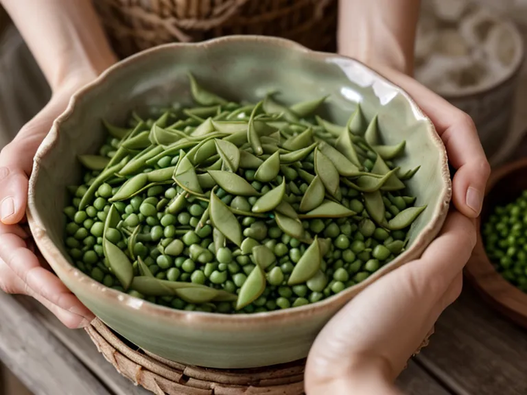 Écossage de gousses fraîches de petits pois dans un bol en céramique