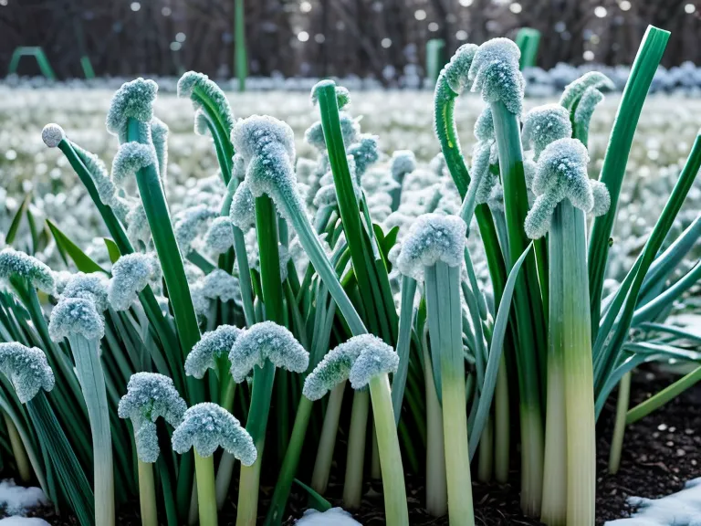 poireaux d'hiver couverts de givre dans le potager, légumes racines résistants au gel