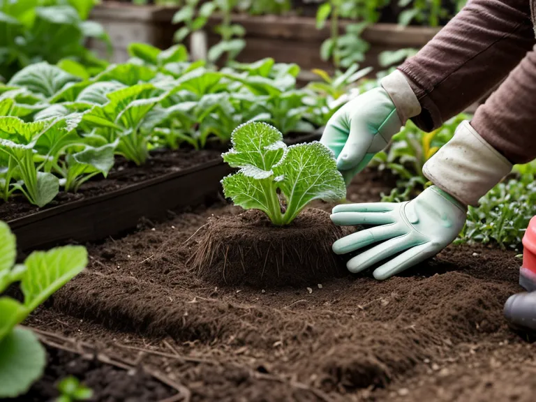 Installation d'un filet anti-insectes sur des jeunes plants de choux au potager