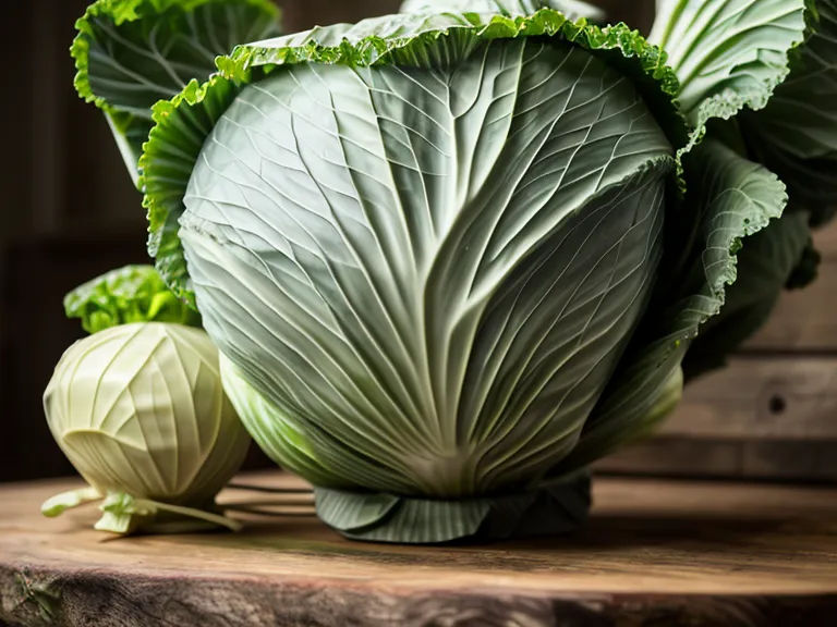 Un gros chou cabus récolté posé sur une table en bois avec des pots de fermentation