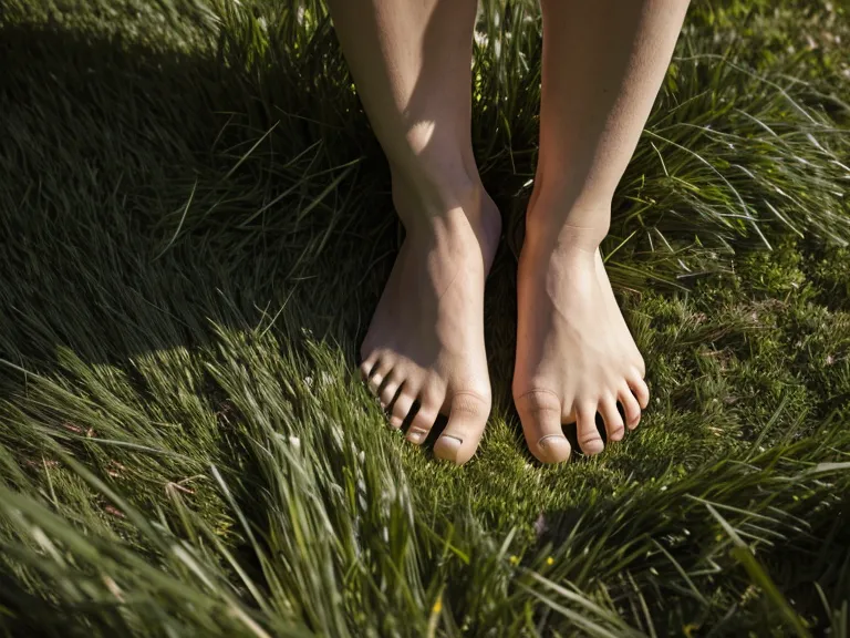 Pieds nus sur une herbe épaisse et fraîche à côté d'un chemin sec, effet d'une pelouse bien entretenue.
