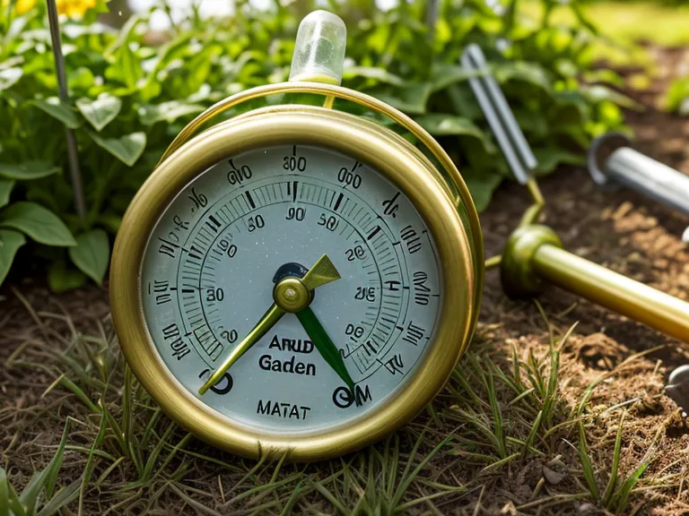 Thermomètre de jardin affichant une forte chaleur près d'une pelouse tondue haute, repère utile pour l'entretien de la pelouse en été.