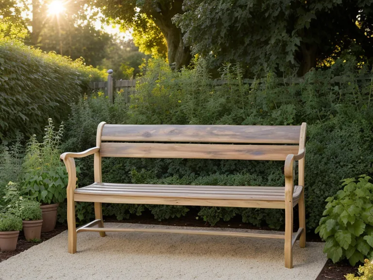 Banc de jardin en bois face à une pelouse verte et un potager en fin de journée, résultat d'un bon entretien de la pelouse.
